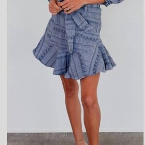 NEW Never a Wallflower‎ Prairie Mini Skirt Lg Blue Floral Jacquard Tie Waist
